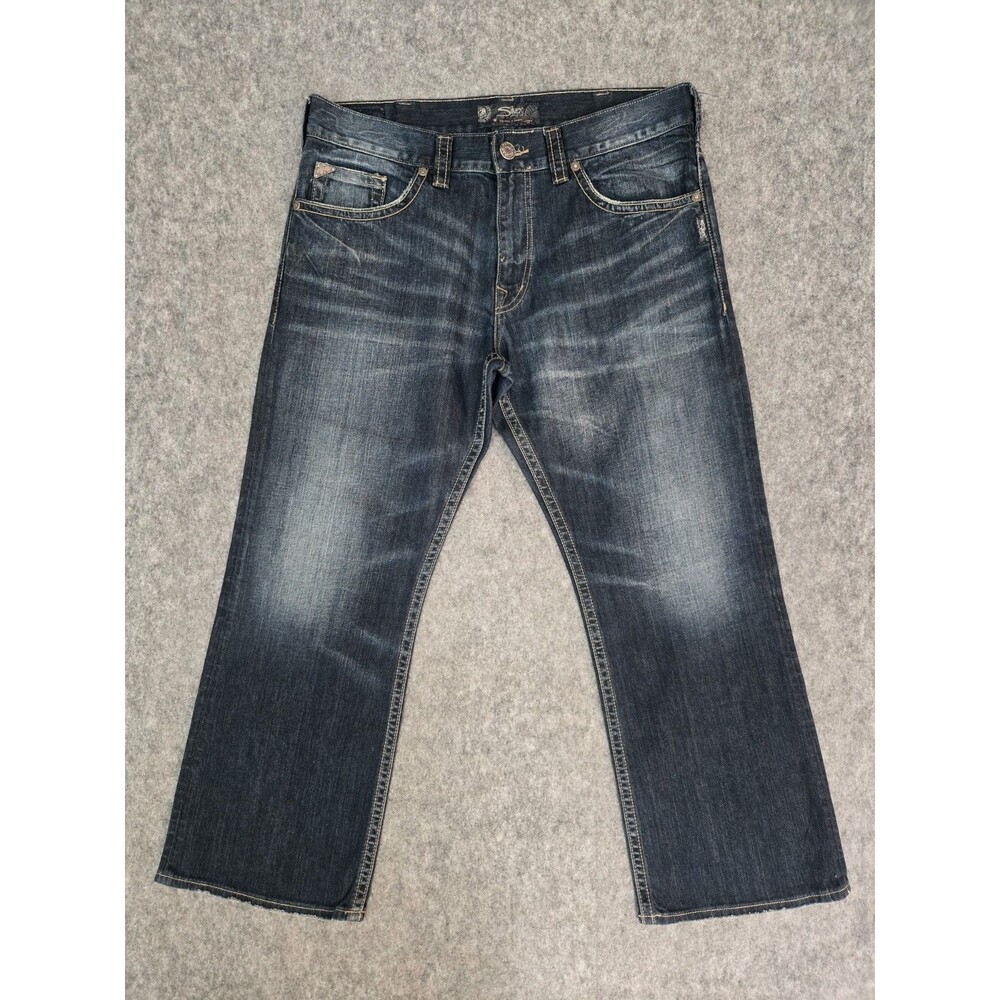 Silver Zac Jeans Mens 36 x 29 Blue Thick Stitch Bootcut Whiskered Denim